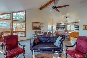 TV, fireplace, books