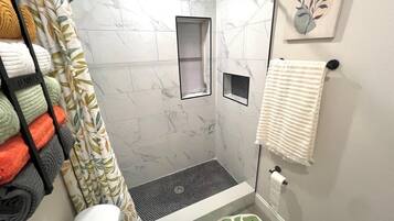 Shower, hair dryer, towels, soap