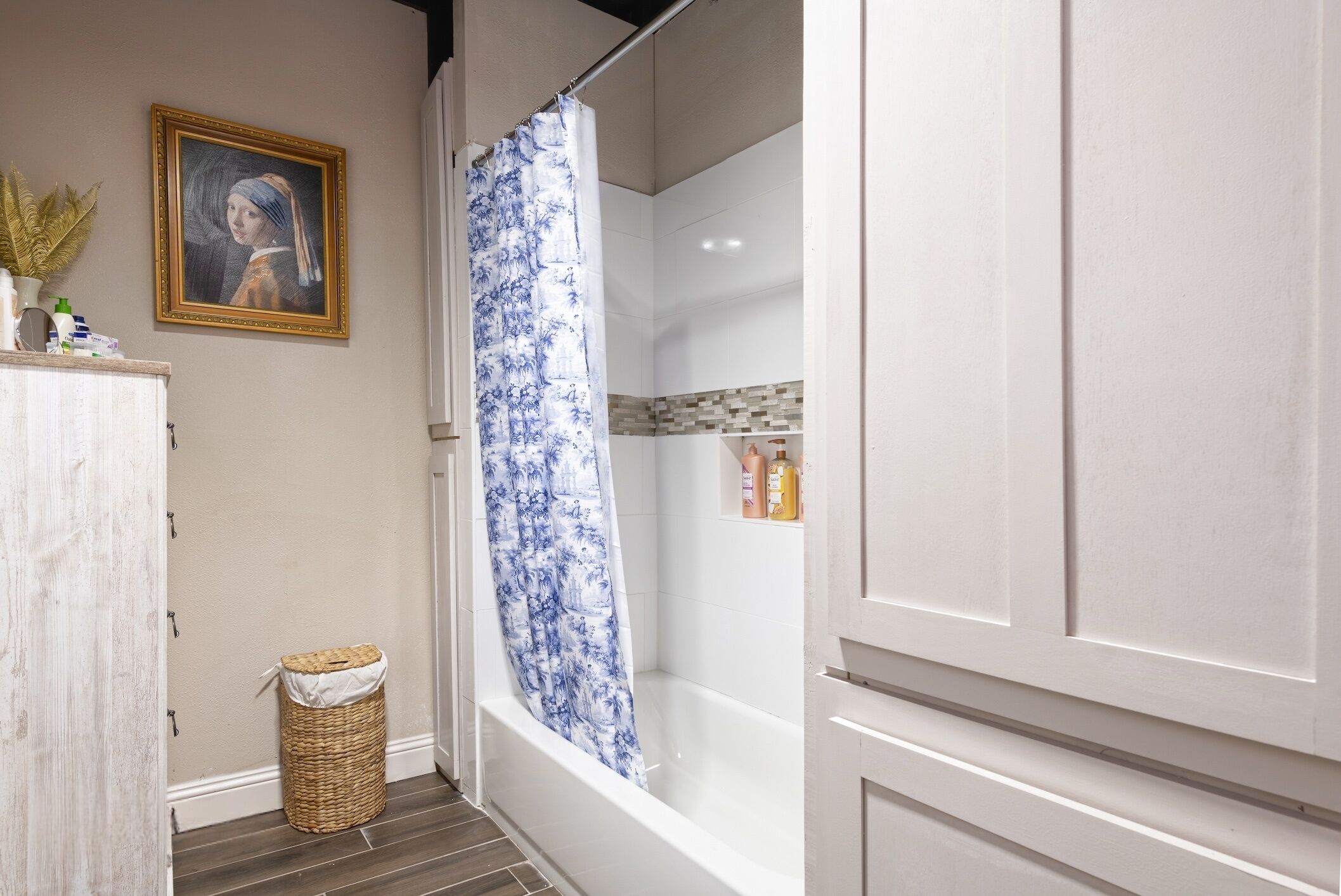 Hair dryer, towels, soap, toilet paper