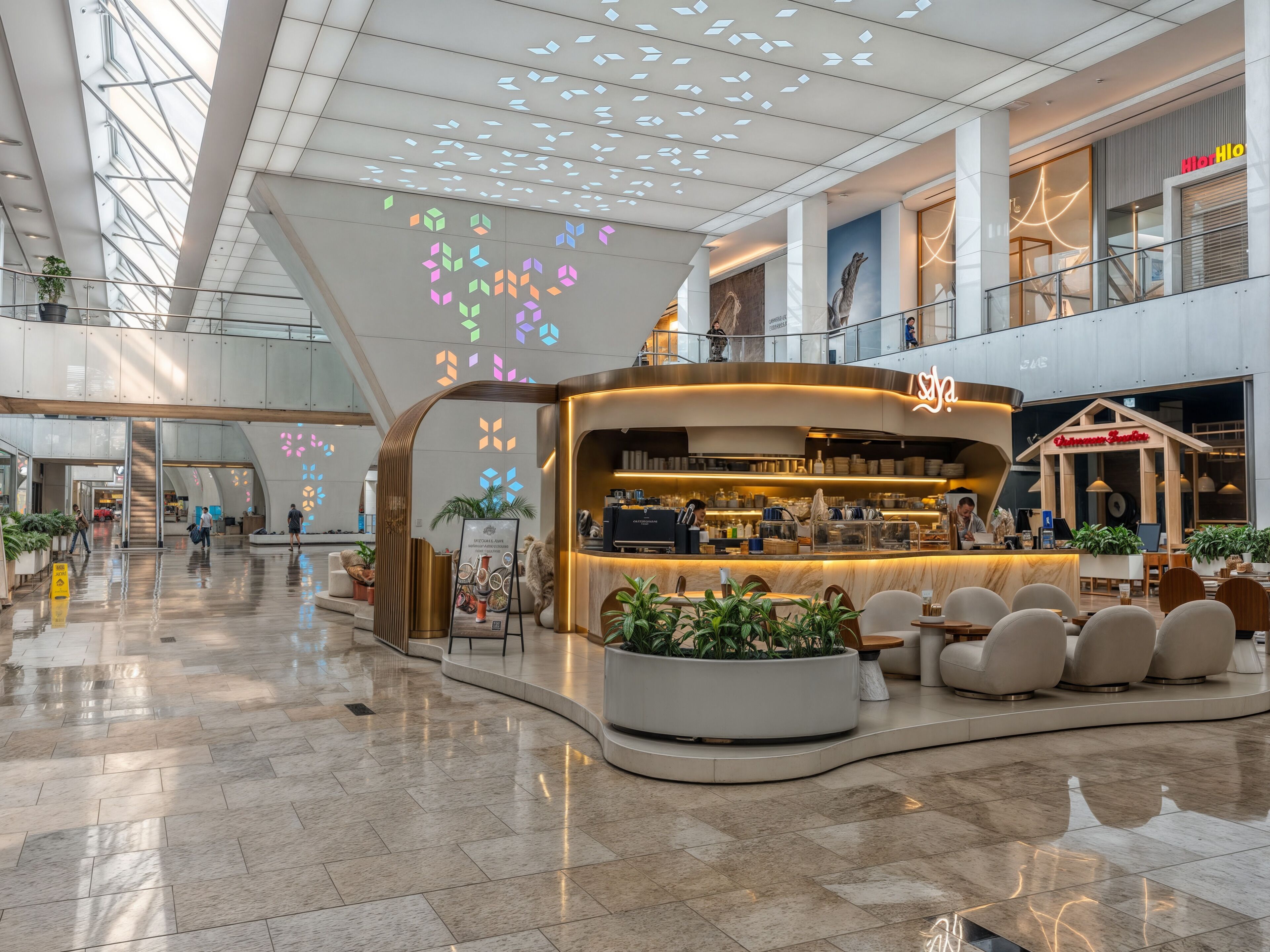 A modern indoor space with a central seating area, a coffee shop, and a high ceiling with geometric light patterns.