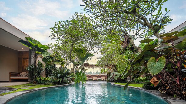 A swimming pool surrounded by lush greenery and modern architecture. - Govala Ubud Villa & Spa (Tegallalang)