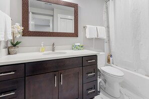 Hair dryer, towels, soap, toilet paper