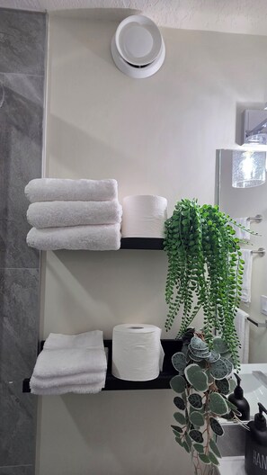 Une salle de bain avec un porte-serviettes sur lequel sont pliés des serviettes, un rouleau de papier toilette et une plante en pot.