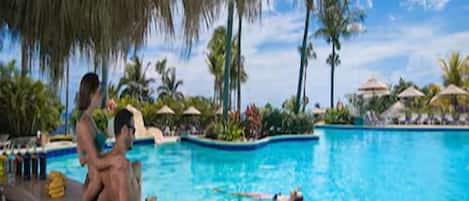 8 outdoor pools, pool umbrellas, sun loungers