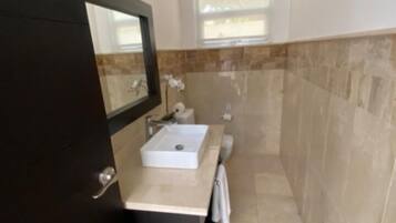 A modern bathroom with a dark-toned vanity, a white sink, and a mirror.