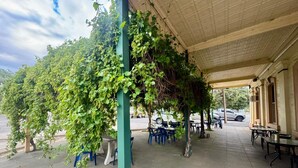 Un espace extérieur aménagé avec des tables et des chaises, protégé par un auvent et entouré de verdure, sous un ciel dégagé.