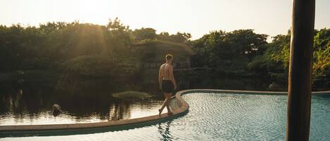Outdoor pool, pool umbrellas, pool loungers