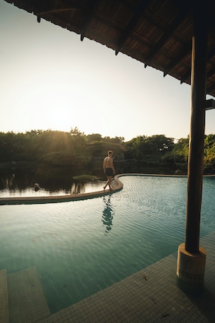 Outdoor pool, pool umbrellas, pool loungers. Palmyrah House