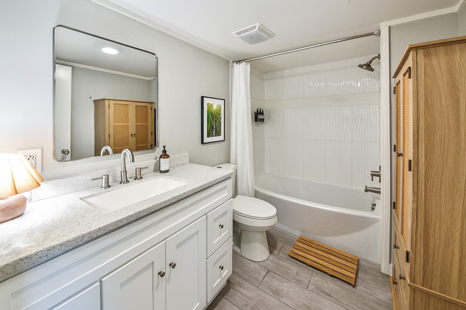 Hair dryer, towels, soap, toilet paper