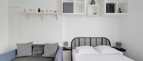 1 bedroom, laptop workspace, iron/ironing board, bed sheets