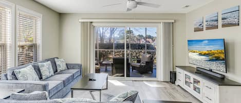 Smart TV, chimenea, libros