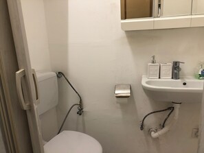 Basic Apartment | Bathroom | Shower, free toiletries, hair dryer, towels