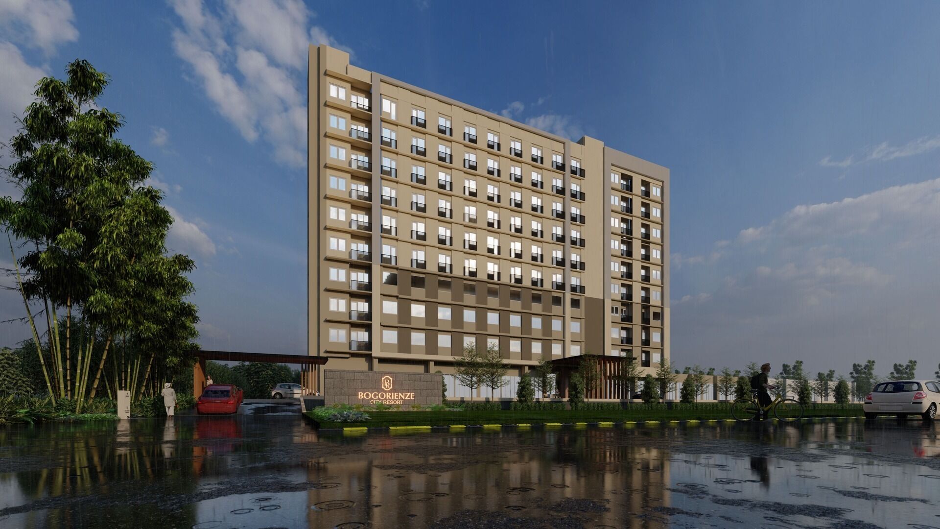 Un hôtel à plusieurs étages, doté d’une architecture moderne, caractérisé par un toit plat et une façade uniforme.