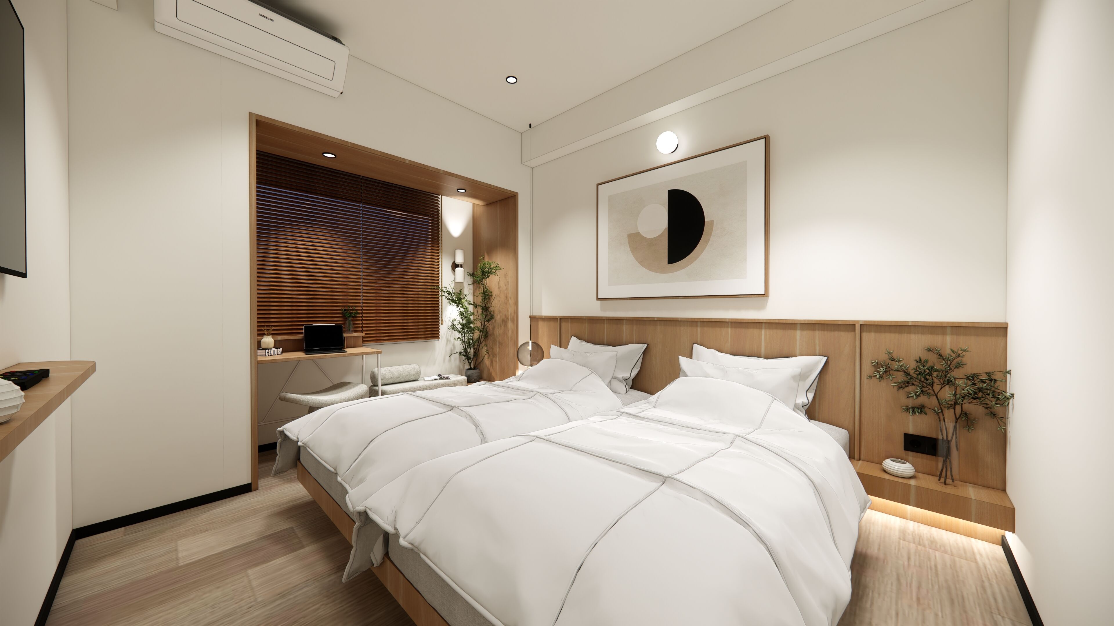 Un dormitorio moderno con una cama grande, un escritorio y un aire acondicionado de pared.