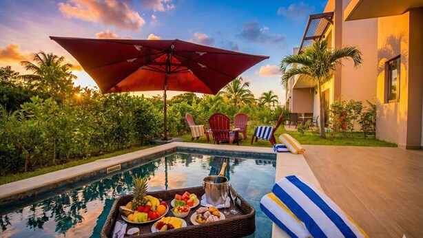 A poolside area with a dining setup, including a tray with fruits and a drink, surrounded by chairs and an umbrella. - Villa in Vistacana Private Pool Golf Beach (Punta Cana)
