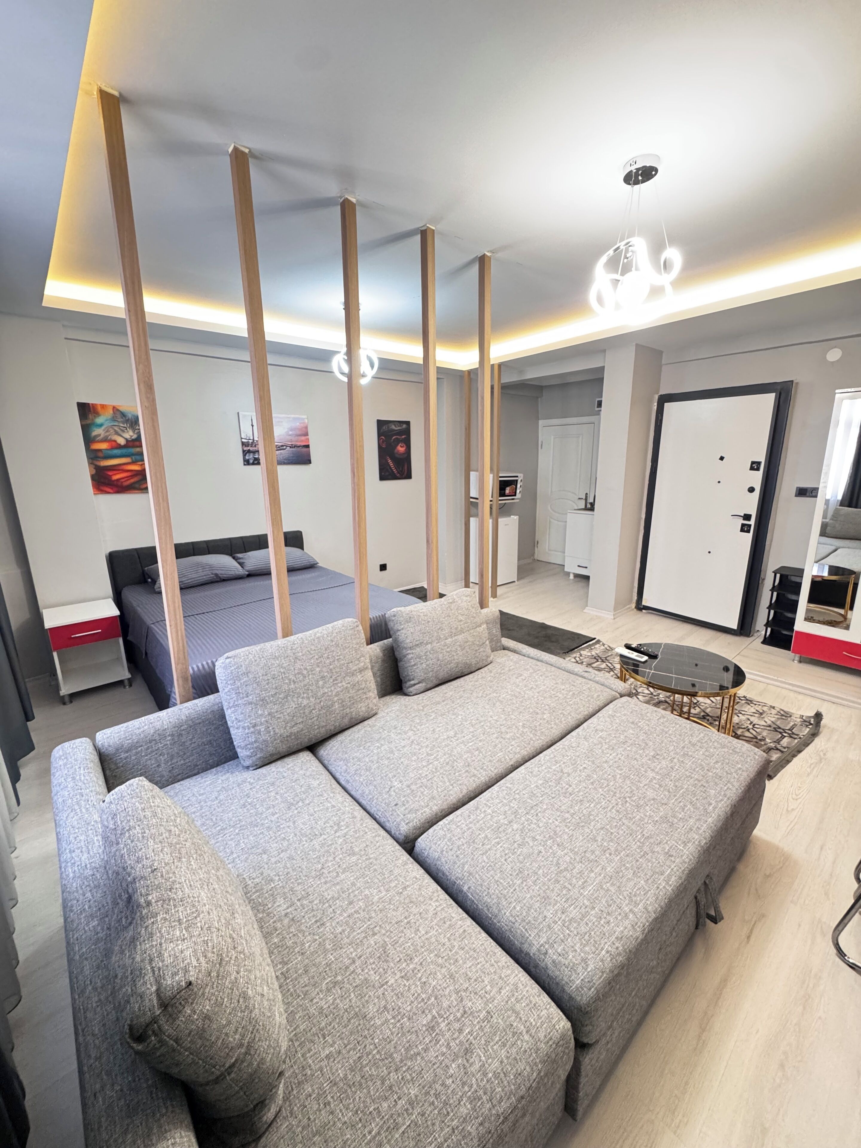 A modern living room with a grey sofa, a bed, and a dining area.
