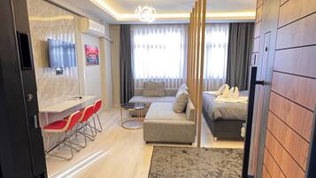 Desk, laptop workspace, blackout curtains, soundproofing