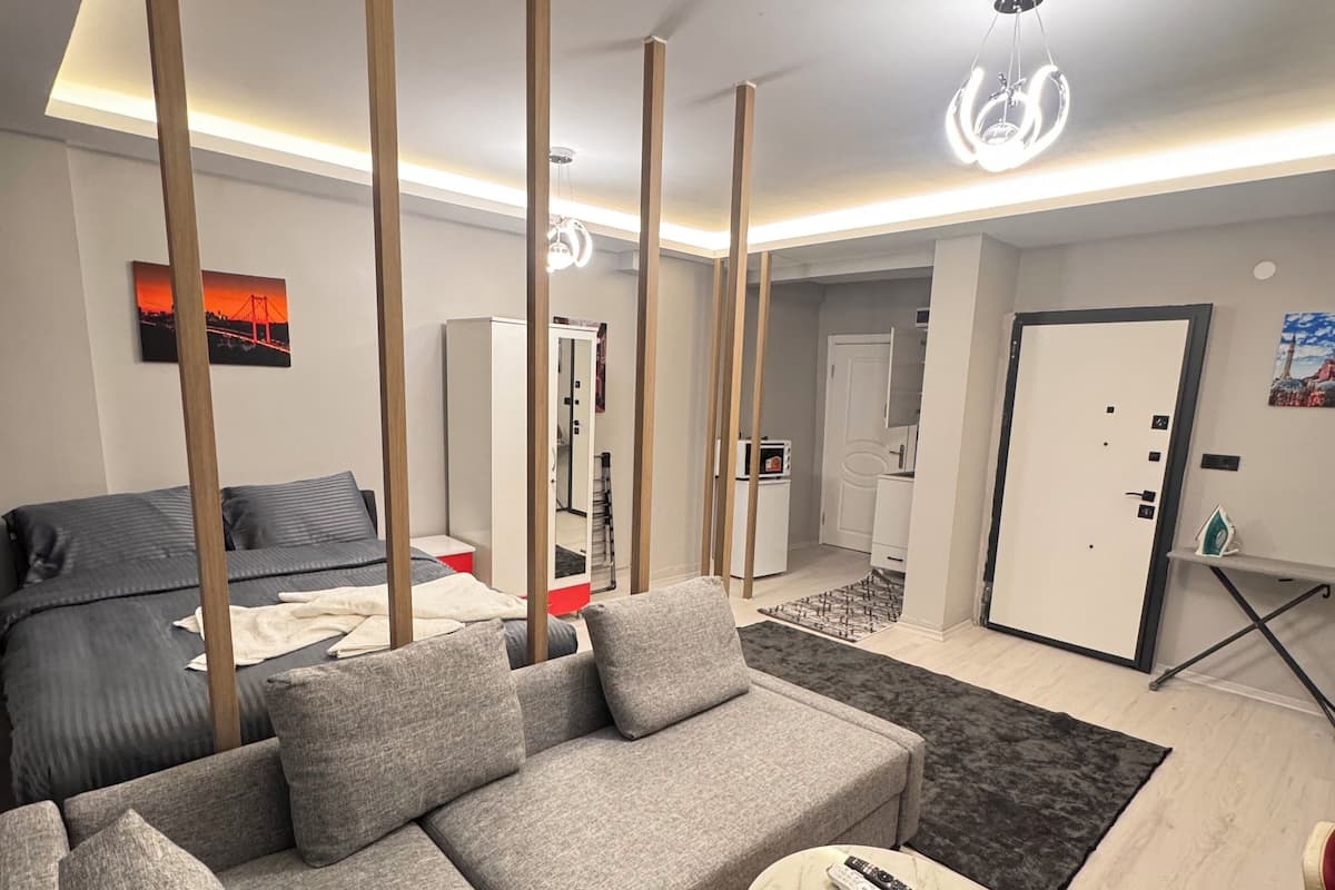 Desk, laptop workspace, blackout curtains, soundproofing