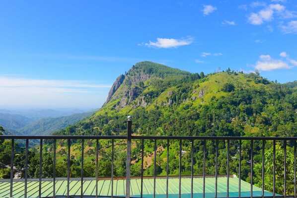 A mountainous landscape with a green-roofed building in the foreground. - Mountjoy Ella (Ella)