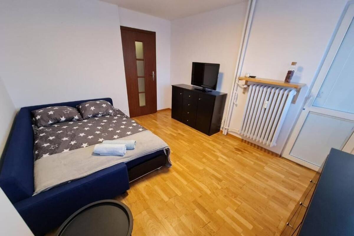 A bedroom with a bed, a television on a cabinet, a radiator, and a door.