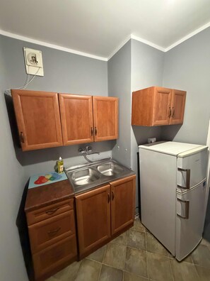 A compact kitchen with wooden cabinets, a stainless steel sink, and a white refrigerator. - Fantastic Inn Warsaw - CH35 (Warsaw)