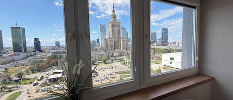 A room with a large window overlooking a cityscape, a wooden bench, and a potted plant.