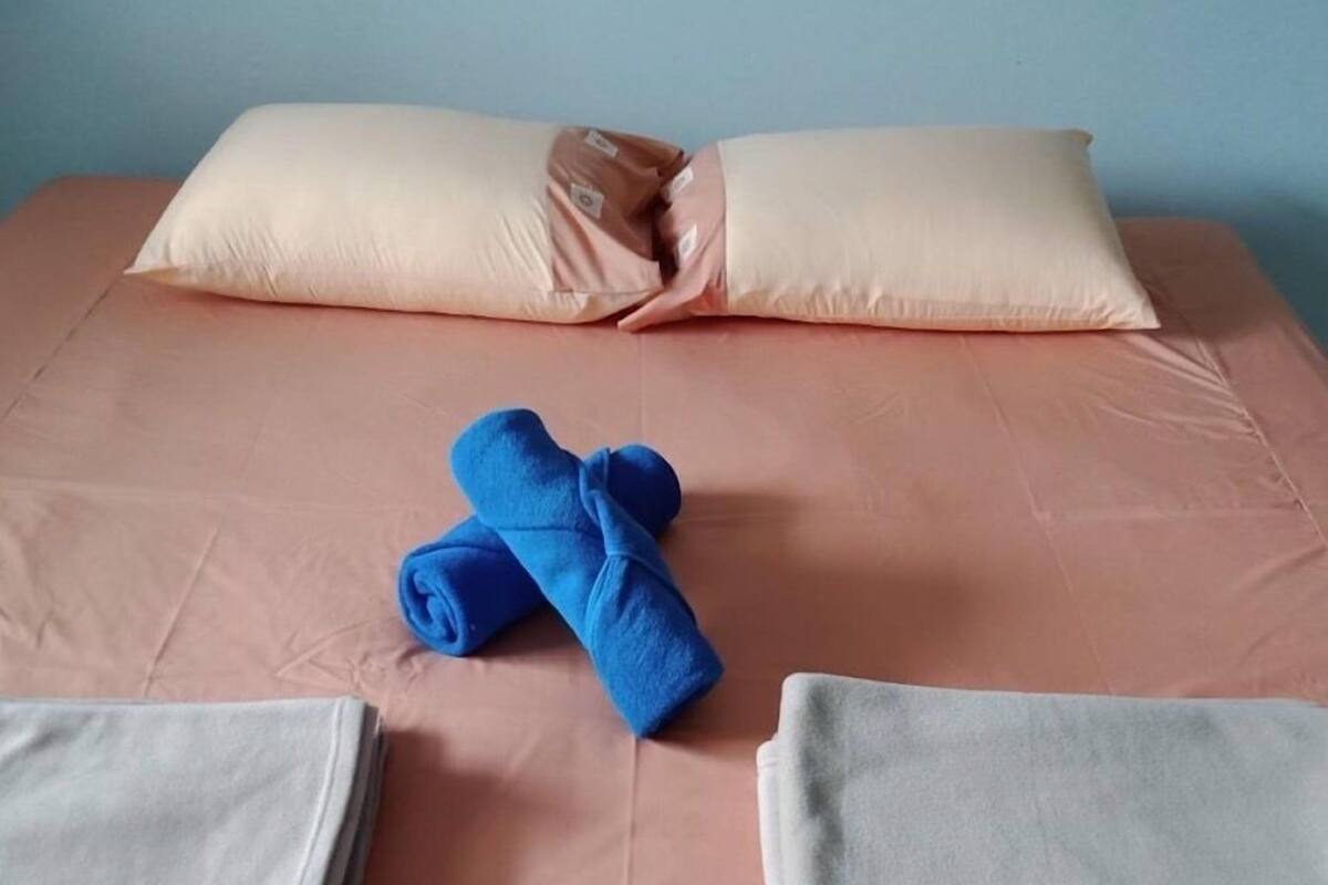 A neatly made bed with a pink bedspread, two pillows, and folded towels in blue and gray.