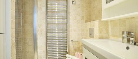 A modern bathroom with a glass shower enclosure, a toilet with a towel rack, and a white sink with a mirror above it.