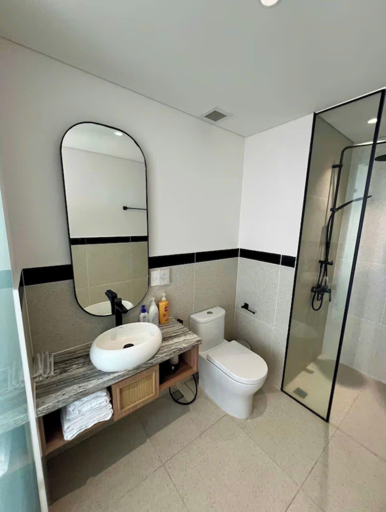 A modern bathroom with a marble vanity, a large mirror, a toilet, and a glass-enclosed shower.