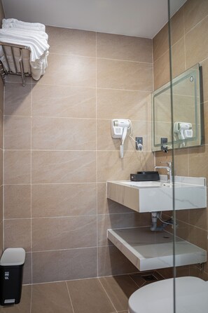 Camera familiare, vista città | Bagno | Doccia, asciugacapelli, pantofole, asciugamani