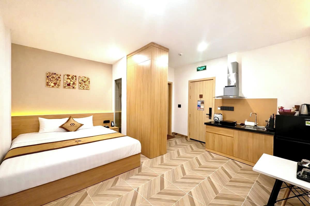 Studio, cuisine | Minibar, fer et planche à repasser, Wi-Fi gratuit, draps fournis