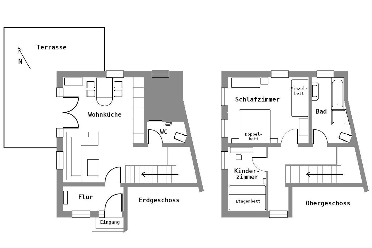 Two floor plans of a hotel with a terrace, living room, bathroom, and children's room.