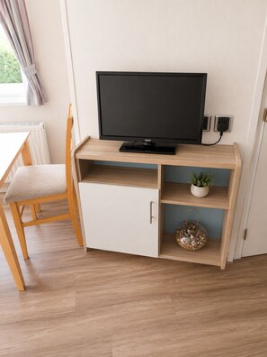 Una habitación con una televisión sobre un mueble de televisión de madera, un armario blanco, una silla y una planta pequeña sobre el mueble.