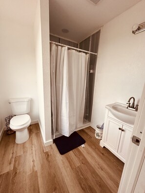 Shower, towels, soap, toilet paper