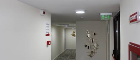 Un pasillo con alfombra estampada, un espejo decorativo en la pared y un detector de incendios.