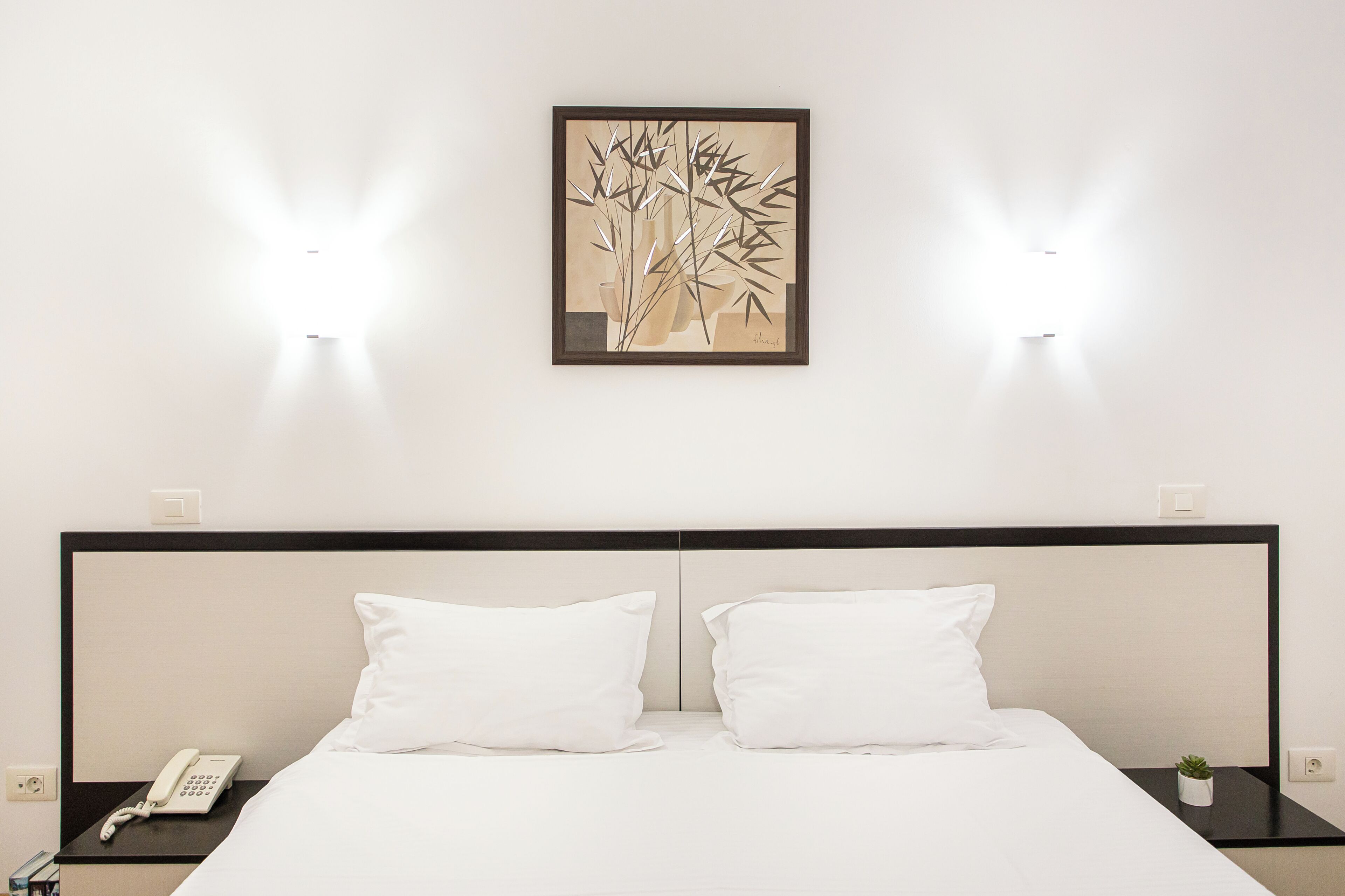 A hotel room with a bed, two pillows, a bedside phone, a small plant, and a wall-mounted artwork.
