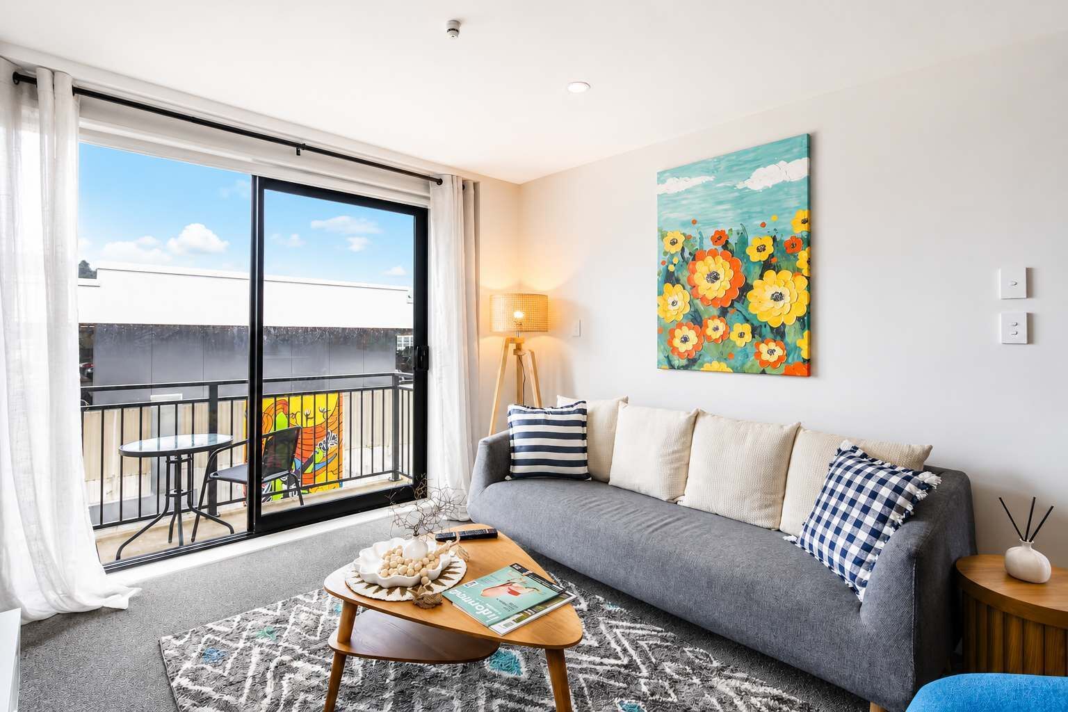 A living room with a grey sofa, a coffee table with a magazine, a painting of flowers, and a balcony with a table and chairs.