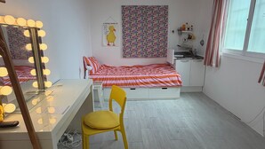A bedroom with a bed, a desk with a mirror, a chair, a window, and a ceiling light. - POOH_Serene studio with AC in charming Ewha Univ. (Seodaemun-gu,)