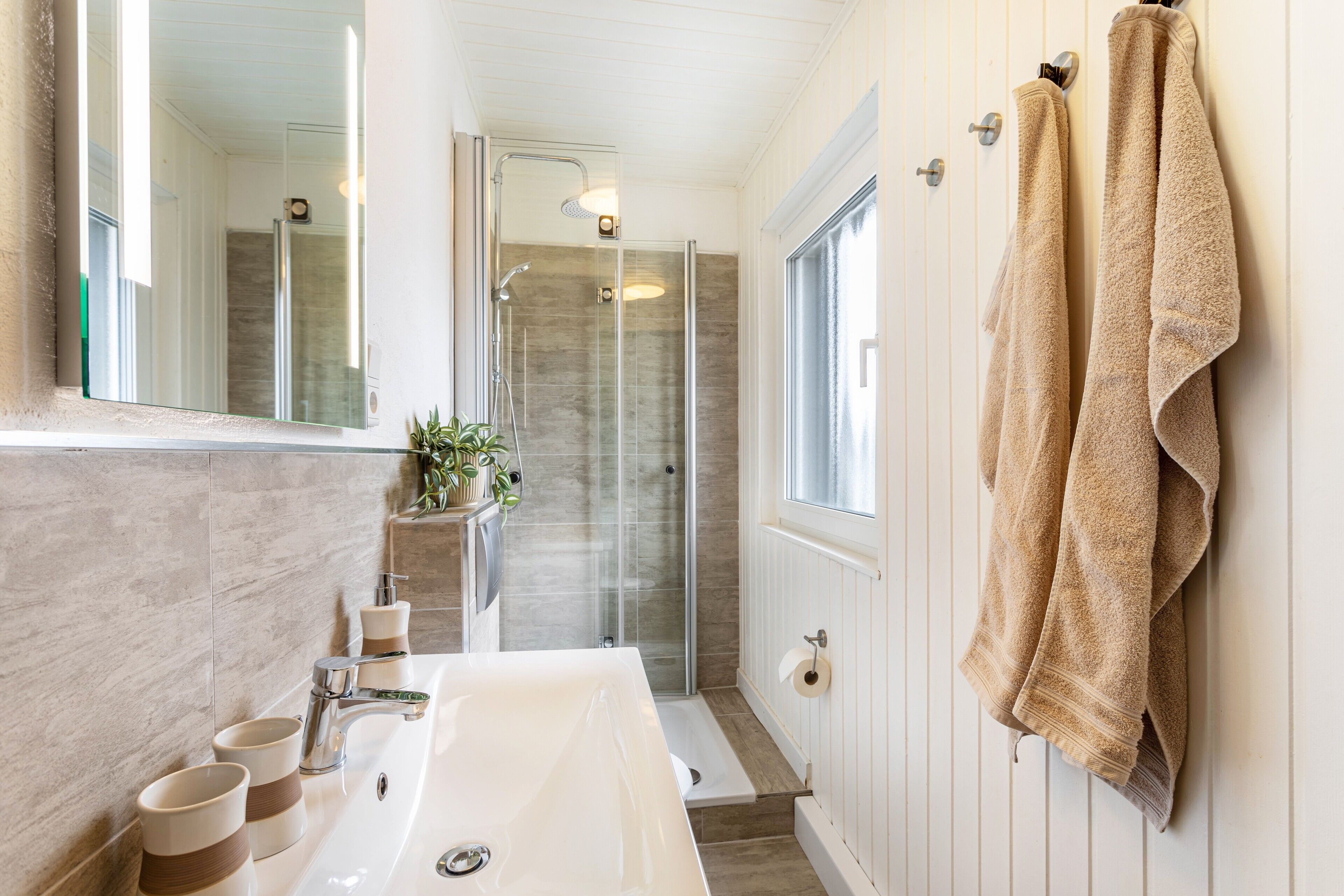 Shower, hair dryer, towels
