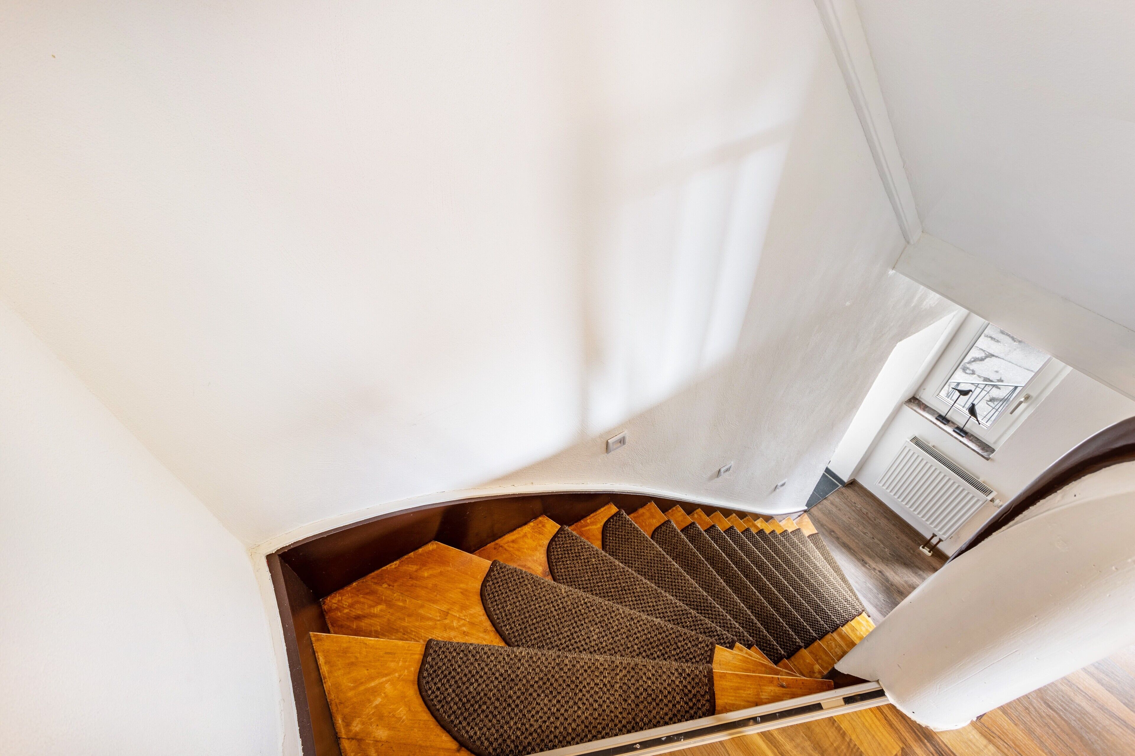 A spiral staircase with wooden steps and carpeted handrails.
