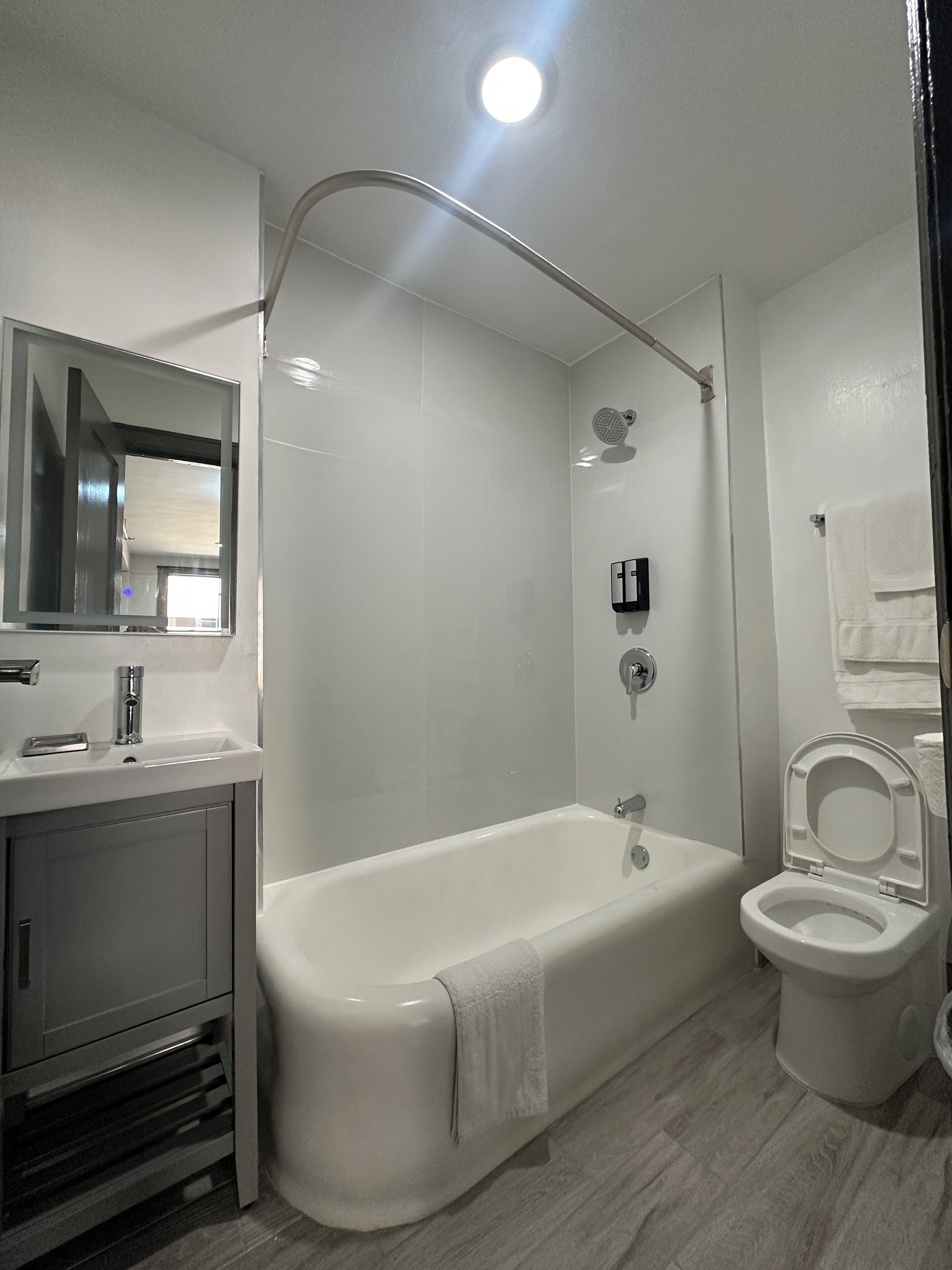 Hair dryer, towels, soap, toilet paper