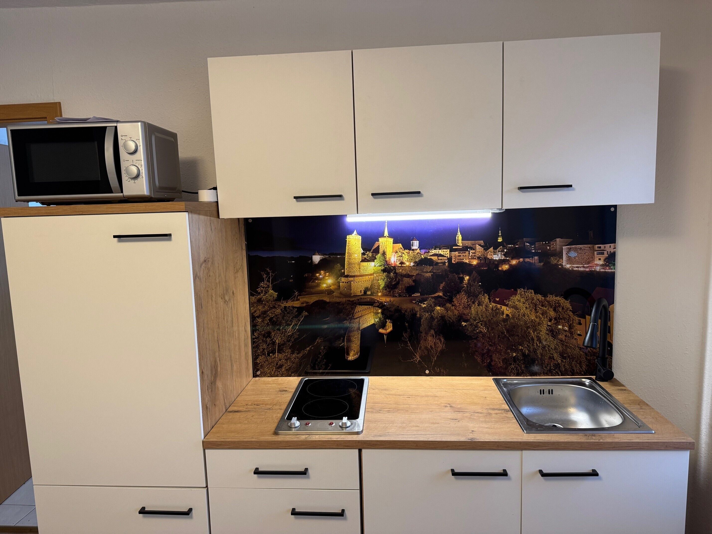 Kühlschrank, Mikrowelle, Herdplatte, Wasserkocher mit Kaffee-/Teezubehör