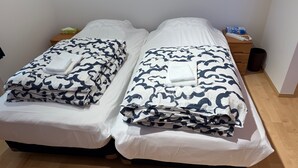 Two single beds with white and blue patterned bedding, a wooden nightstand with a tissue box and a remote control, and a trash can.