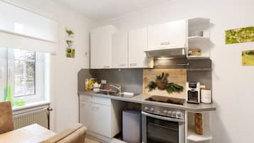 Kühlschrank, Ofen, Herdplatte, Wasserkocher mit Kaffee-/Teezubehör