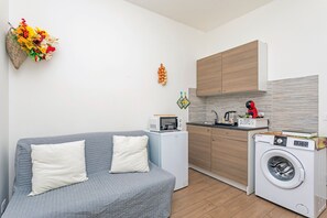 Ein kompakter Wohnbereich mit grauem Sofa, Waschmaschine, Mikrowelle und einer kleinen Küchenzeile.