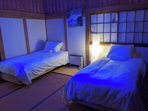 Une chambre avec deux lits, un radiateur et un tableau au mur.