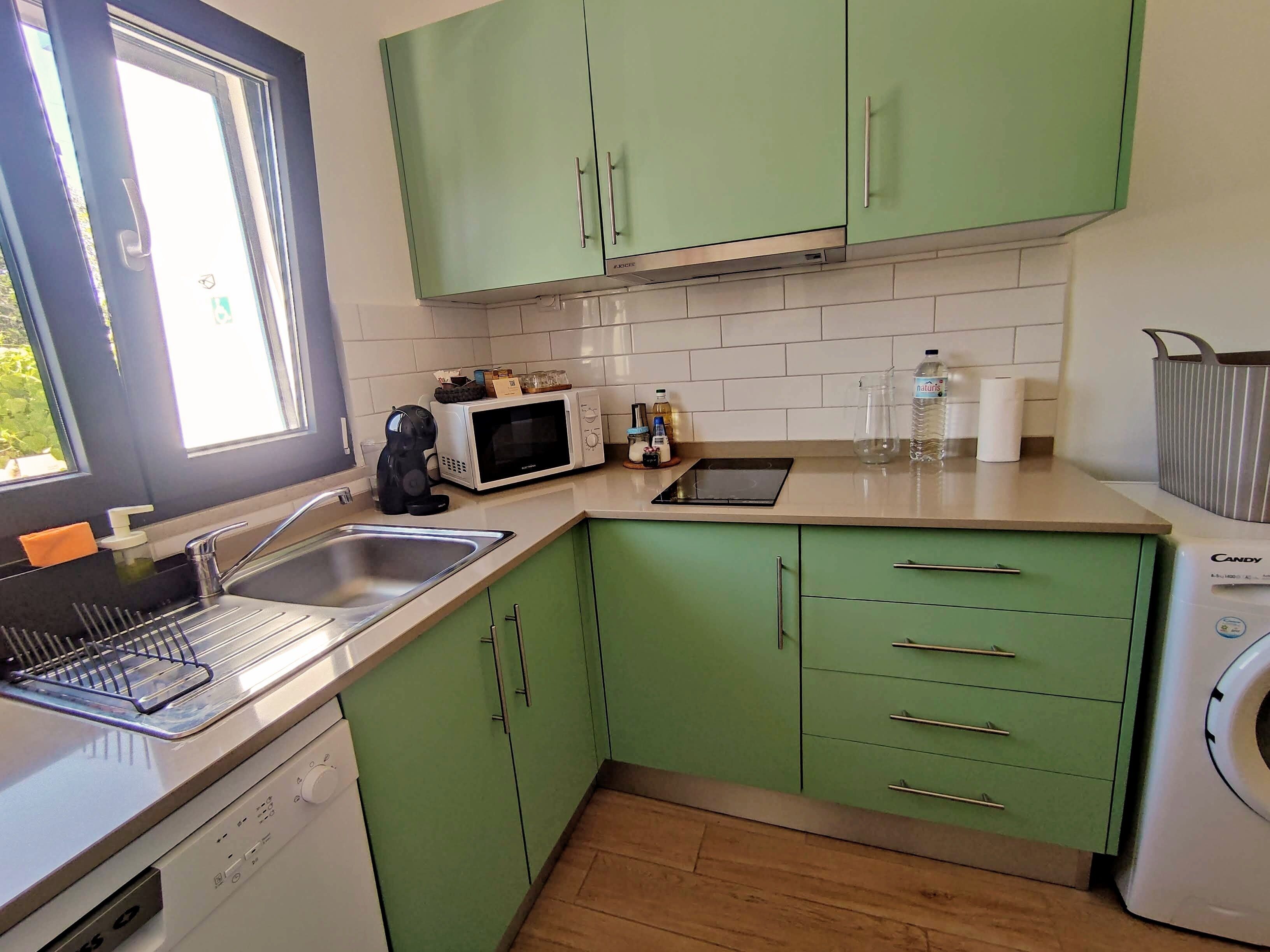 Deluxe Apartment, Garden View | Private kitchen | Fridge, microwave, oven, stovetop