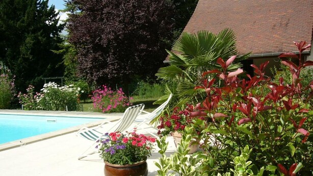 A pool area with lounge chairs and potted plants. - Charming house with shared pool in Contres (Contres)