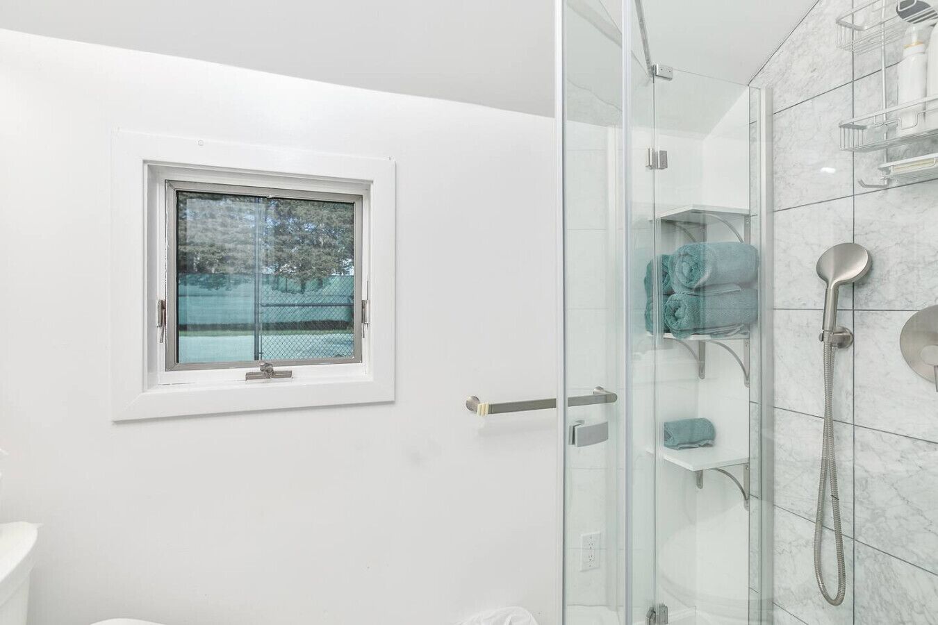 Shower, bidet, towels, soap