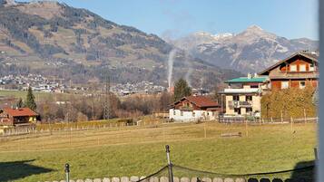 Ein ländliches Dorf mit Bergblick, Holzhäusern und einem eingezäunten Feld.